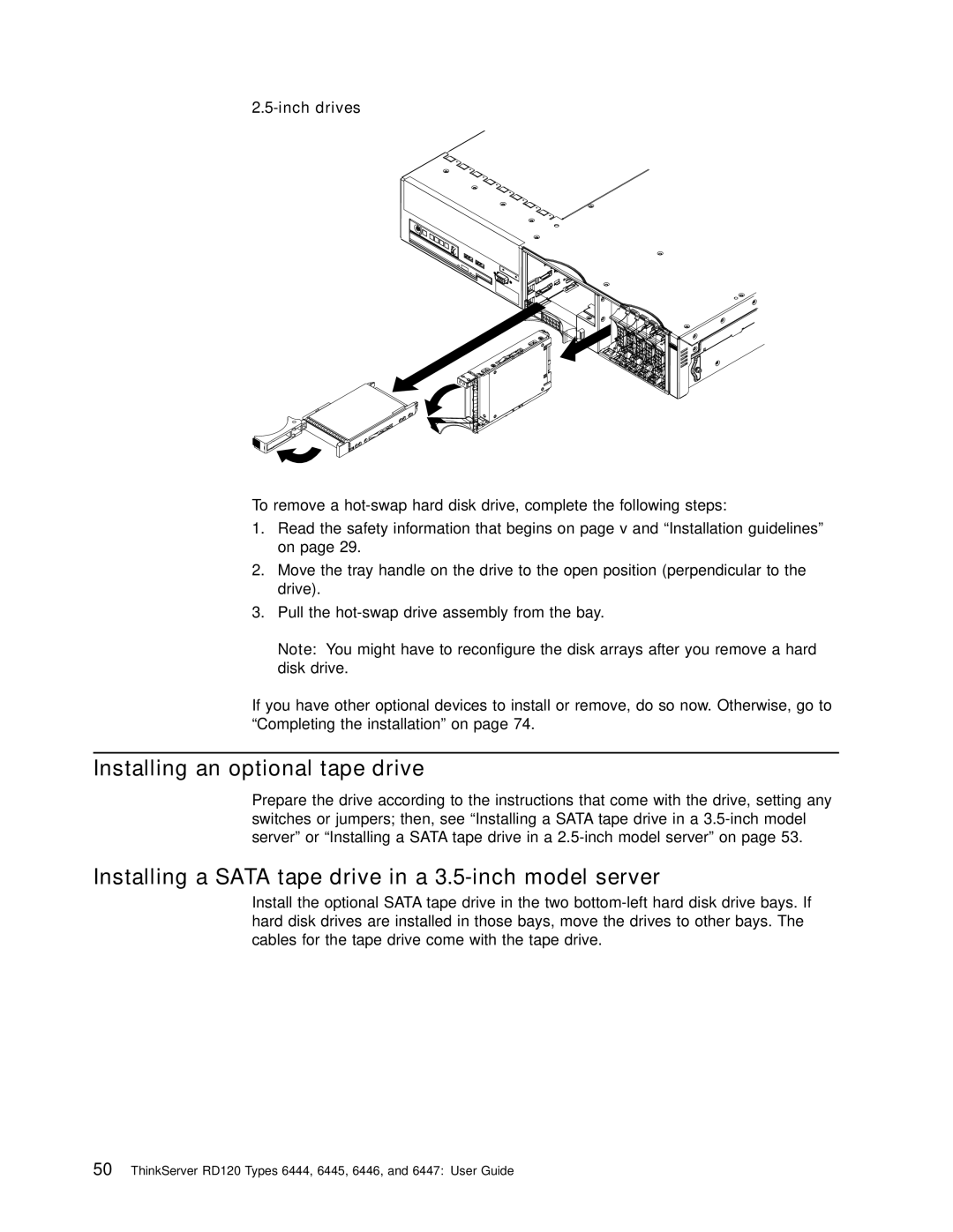 Lenovo RD120 manual Installing an optional tape drive, Installing a Sata tape drive in a 3.5-inch model server 