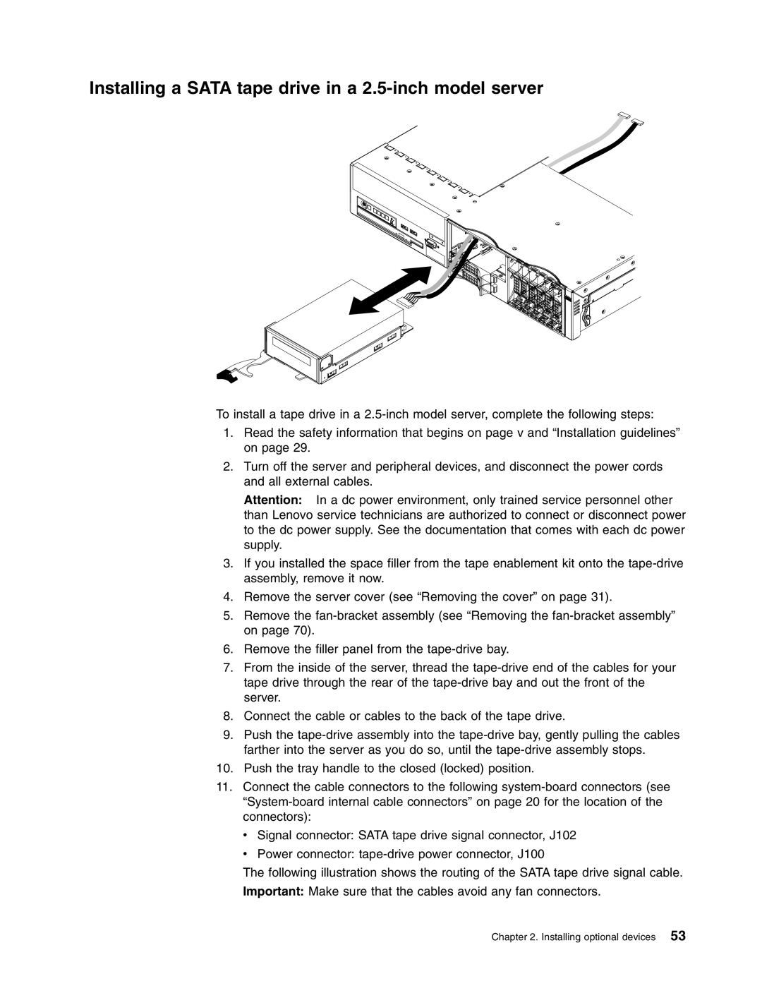 Lenovo RD120 manual Installing a Sata tape drive in a 2.5-inch model server 