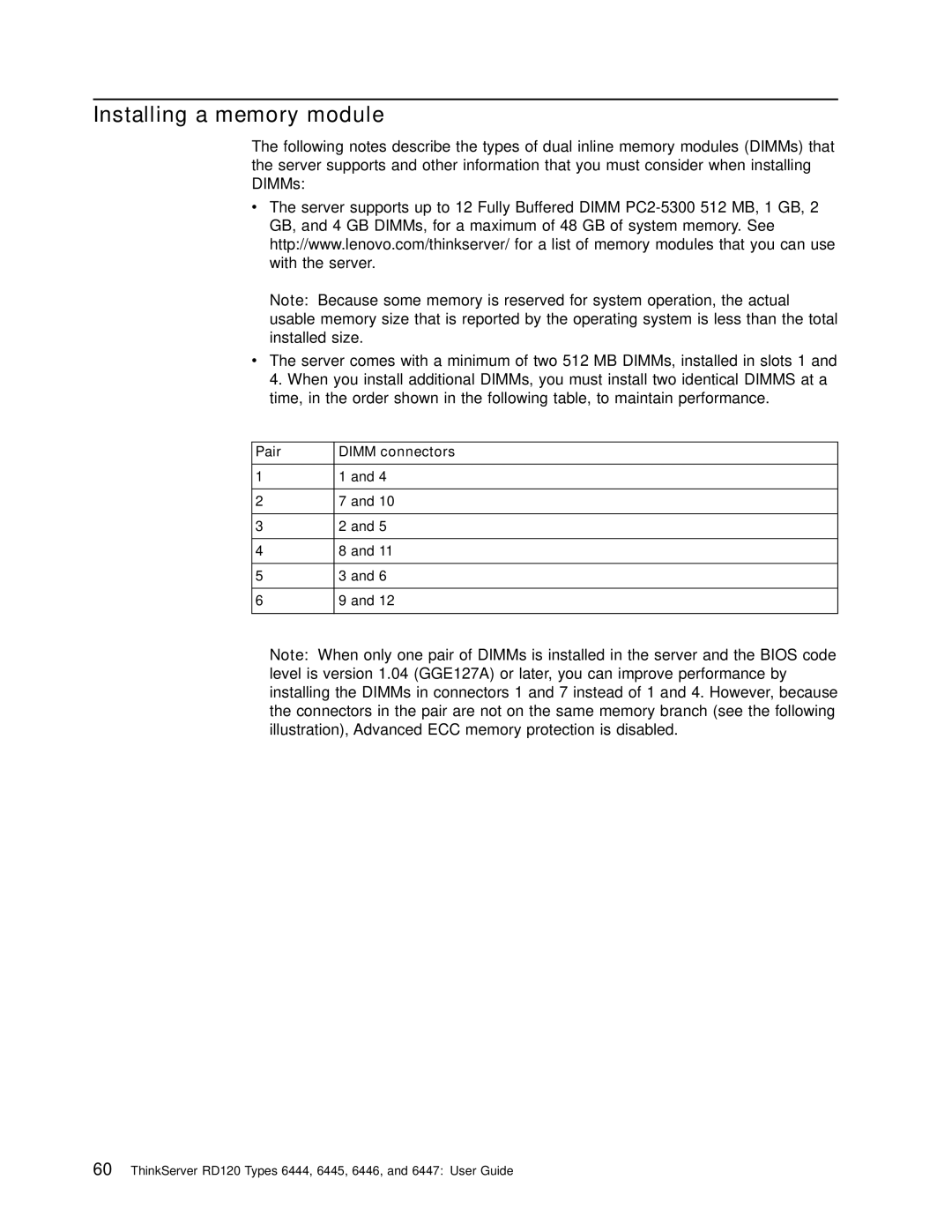 Lenovo RD120 manual Installing a memory module, Pair Dimm connectors 
