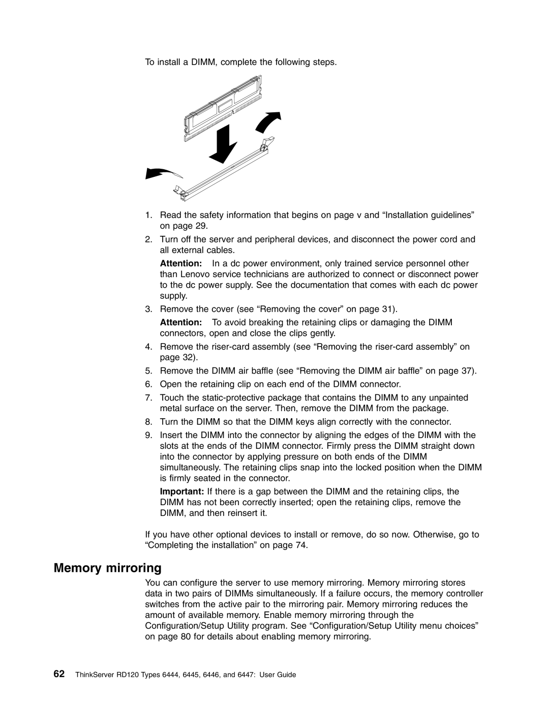 Lenovo RD120 manual Memory mirroring 