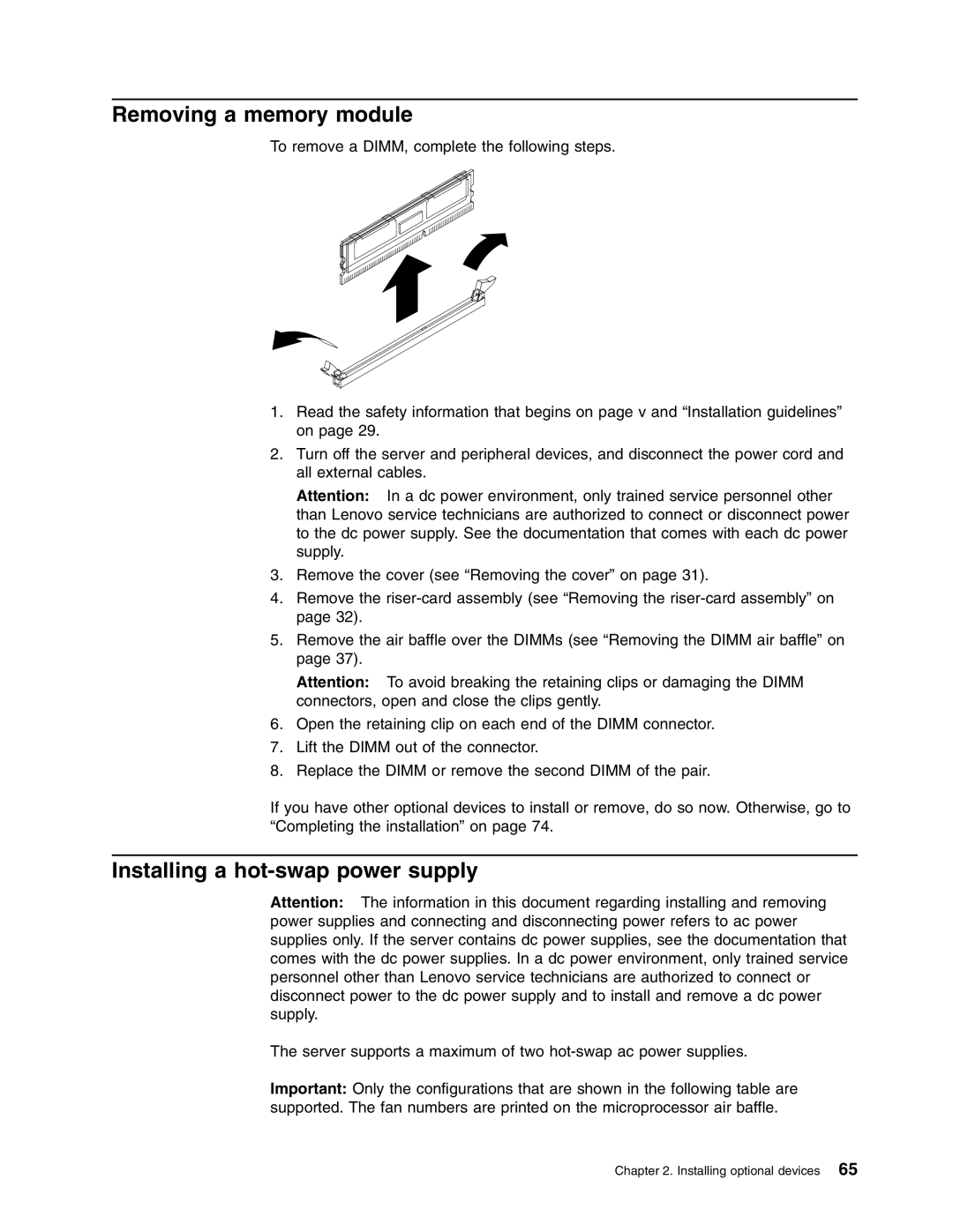 Lenovo RD120 manual Removing a memory module, Installing a hot-swap power supply 