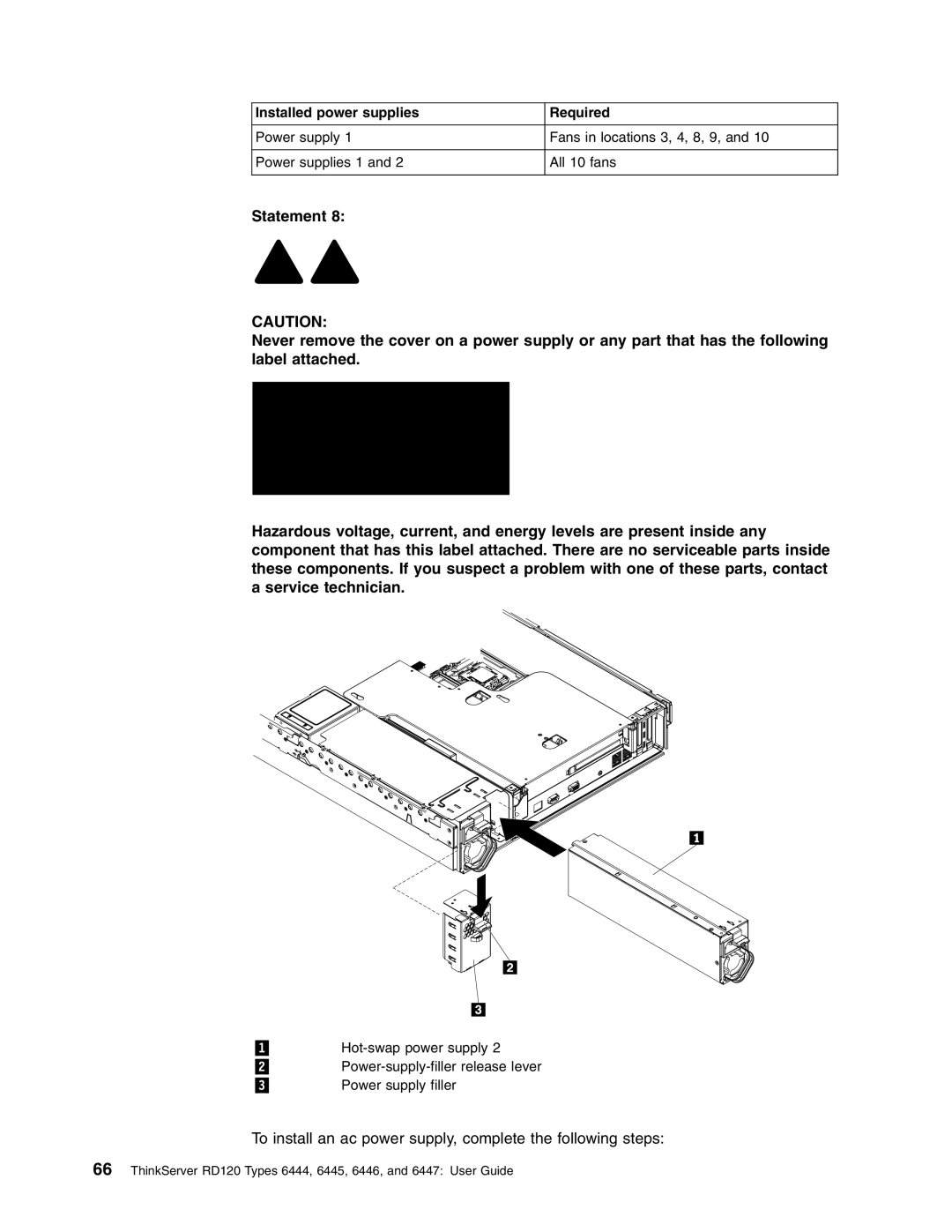 Lenovo RD120 manual To install an ac power supply, complete the following steps 