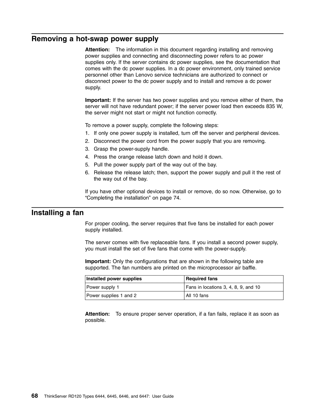 Lenovo RD120 manual Removing a hot-swap power supply, Installing a fan 