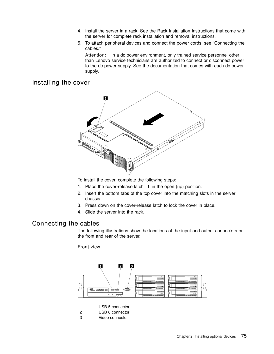 Lenovo RD120 manual Installing the cover, Connecting the cables, Front view 