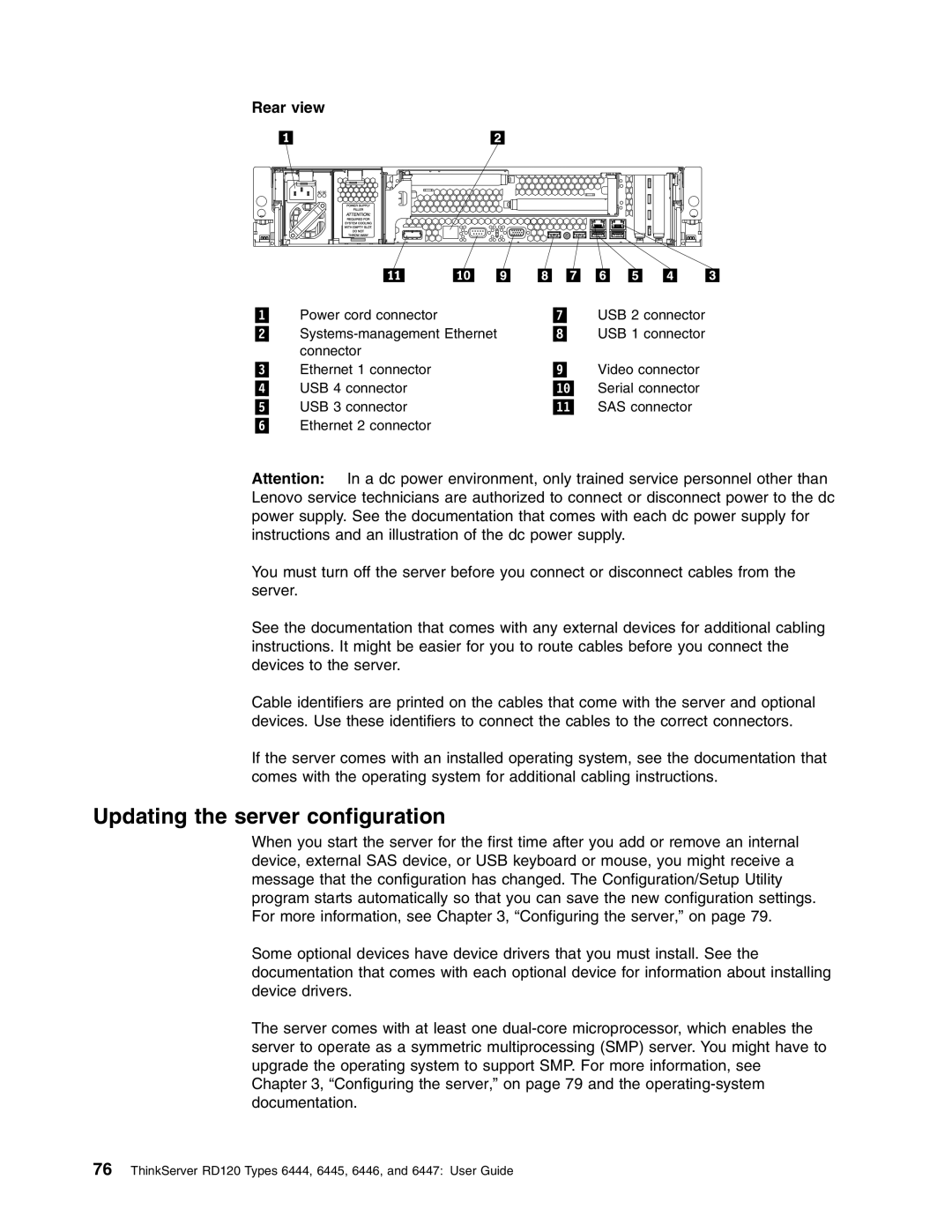 Lenovo RD120 manual Updating the server configuration, Rear view 