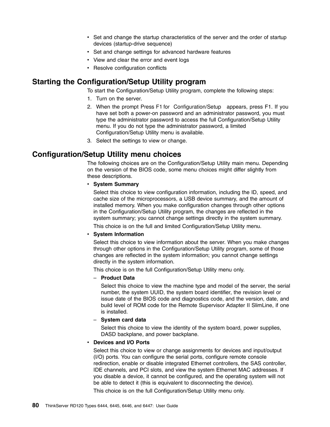 Lenovo RD120 manual Starting the Configuration/Setup Utility program, Configuration/Setup Utility menu choices 