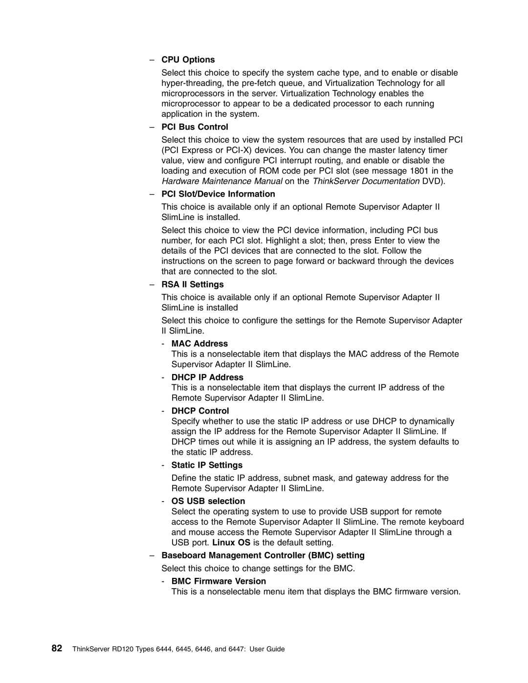 Lenovo RD120 CPU Options, PCI Bus Control, PCI Slot/Device Information, RSA II Settings, MAC Address, Dhcp IP Address 
