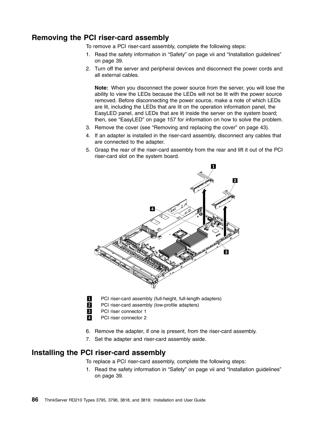 Lenovo RD210 manual Removing the PCI riser-card assembly, Installing the PCI riser-card assembly 