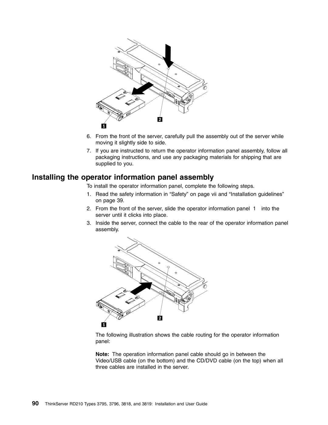 Lenovo RD210 manual Installing the operator information panel assembly 