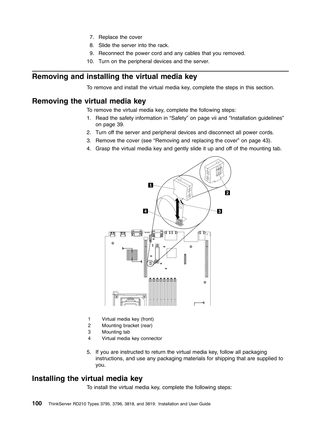 Lenovo RD210 manual Removing and installing the virtual media key, Removing the virtual media key 