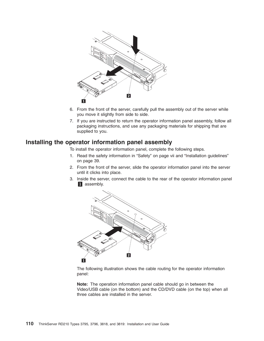 Lenovo RD210 manual Installing the operator information panel assembly 