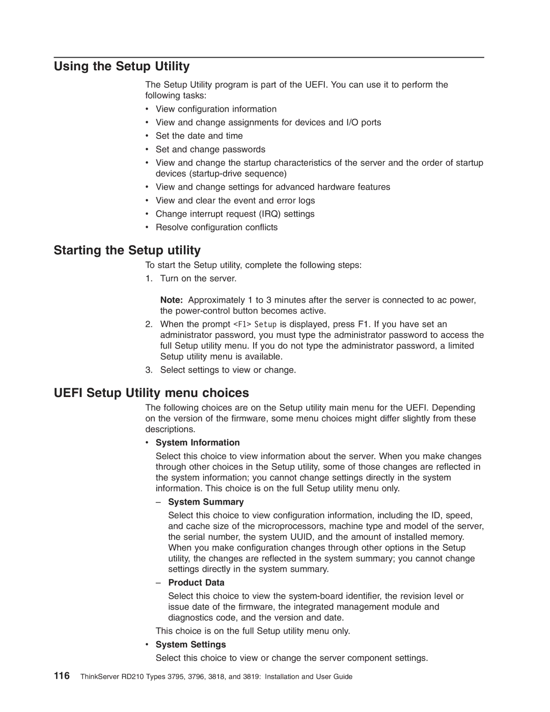 Lenovo RD210 manual Using the Setup Utility, Starting the Setup utility, Uefi Setup Utility menu choices 