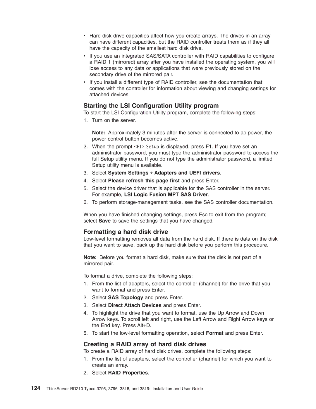 Lenovo RD210 manual Starting the LSI Configuration Utility program, Select RAID Properties 