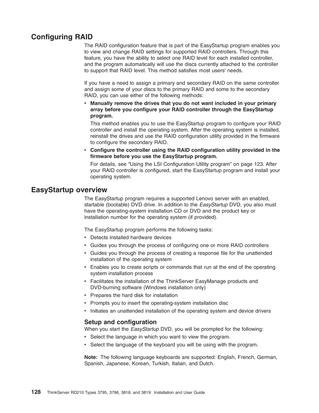 Lenovo RD210 manual Configuring RAID, EasyStartup overview 