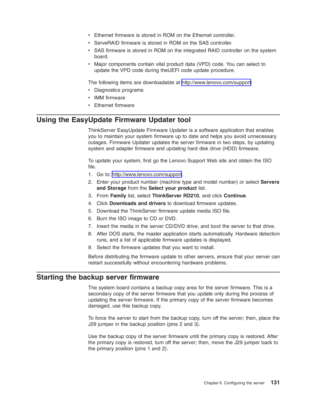 Lenovo RD210 manual Using the EasyUpdate Firmware Updater tool, Starting the backup server firmware 