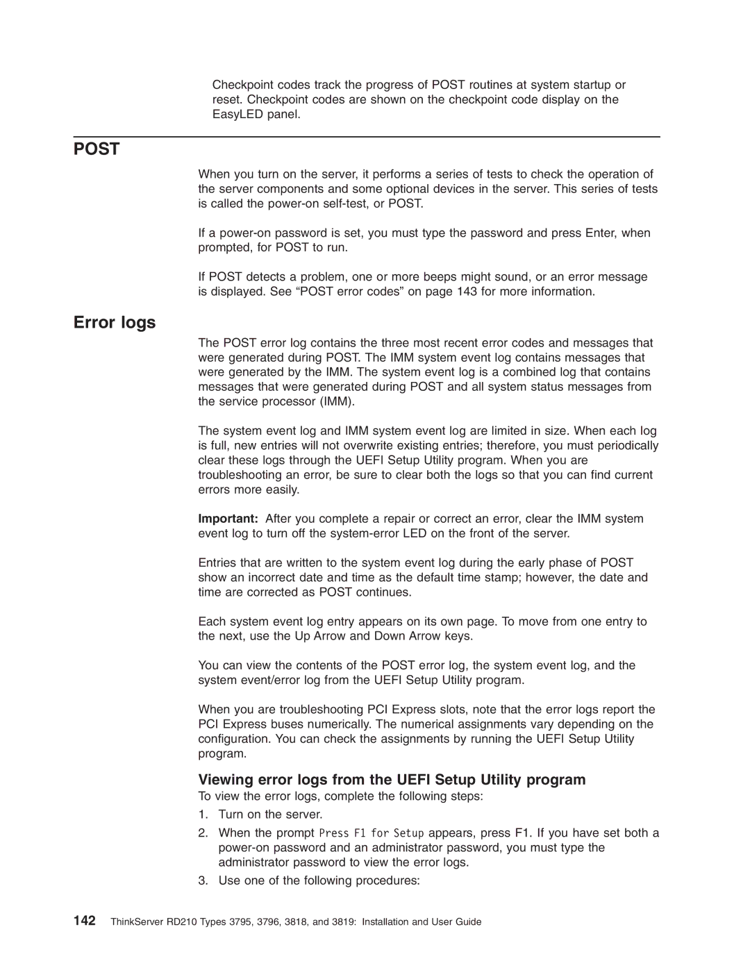 Lenovo RD210 manual Post, Error logs 