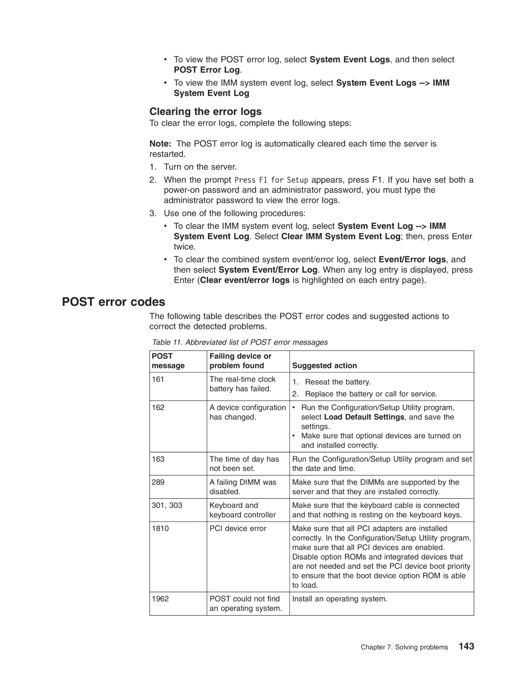 Lenovo RD210 manual Post error codes, Clearing the error logs 