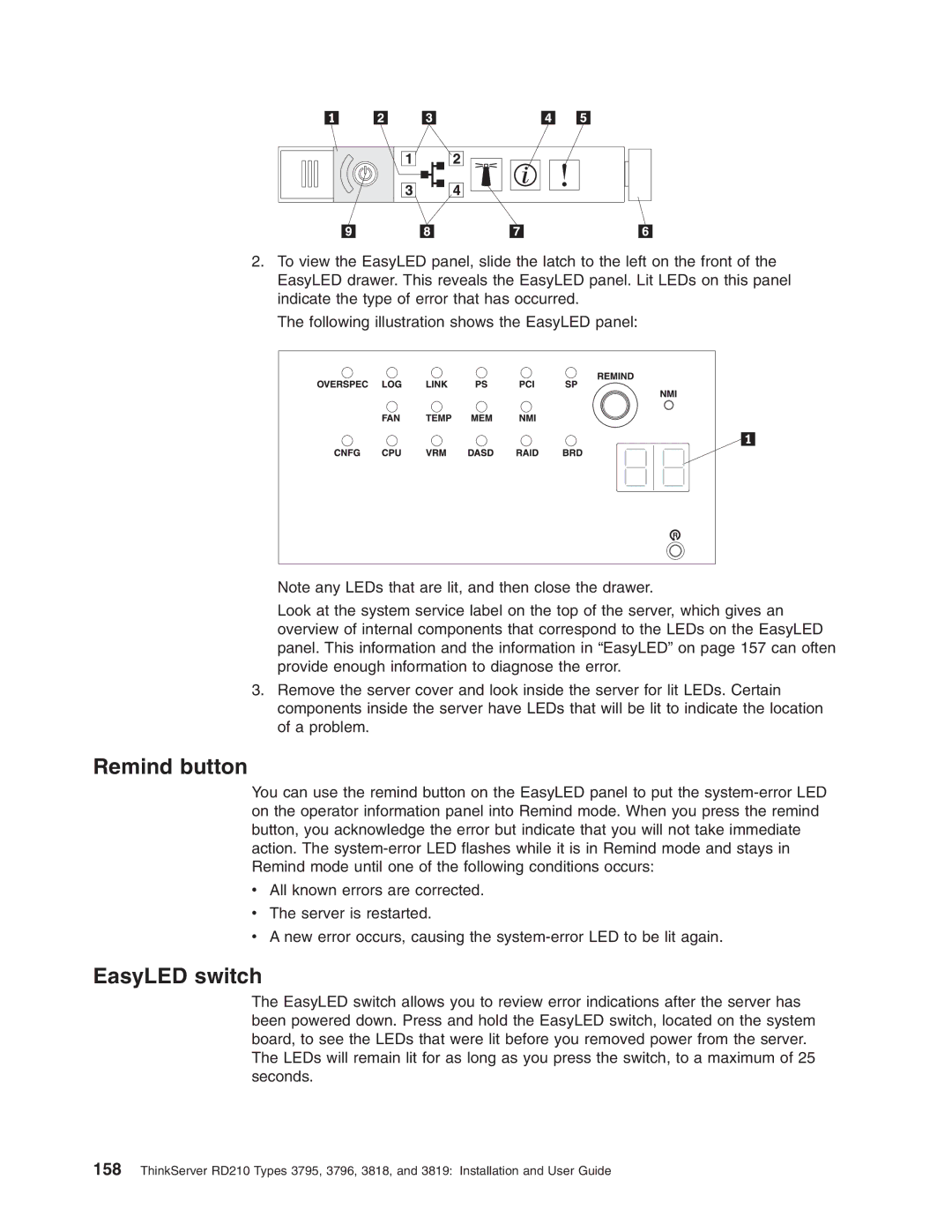 Lenovo RD210 manual Remind button, EasyLED switch 