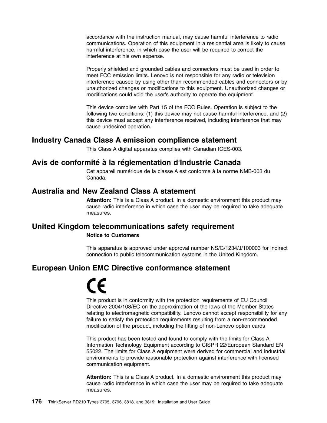 Lenovo RD210 Industry Canada Class a emission compliance statement, European Union EMC Directive conformance statement 