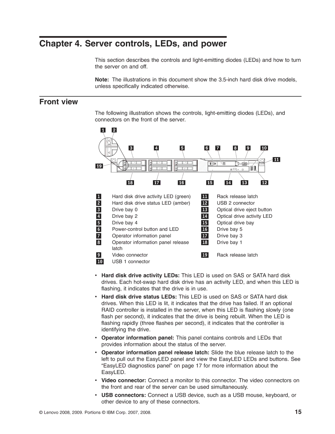 Lenovo RD210 manual Server controls, LEDs, and power, Front view 