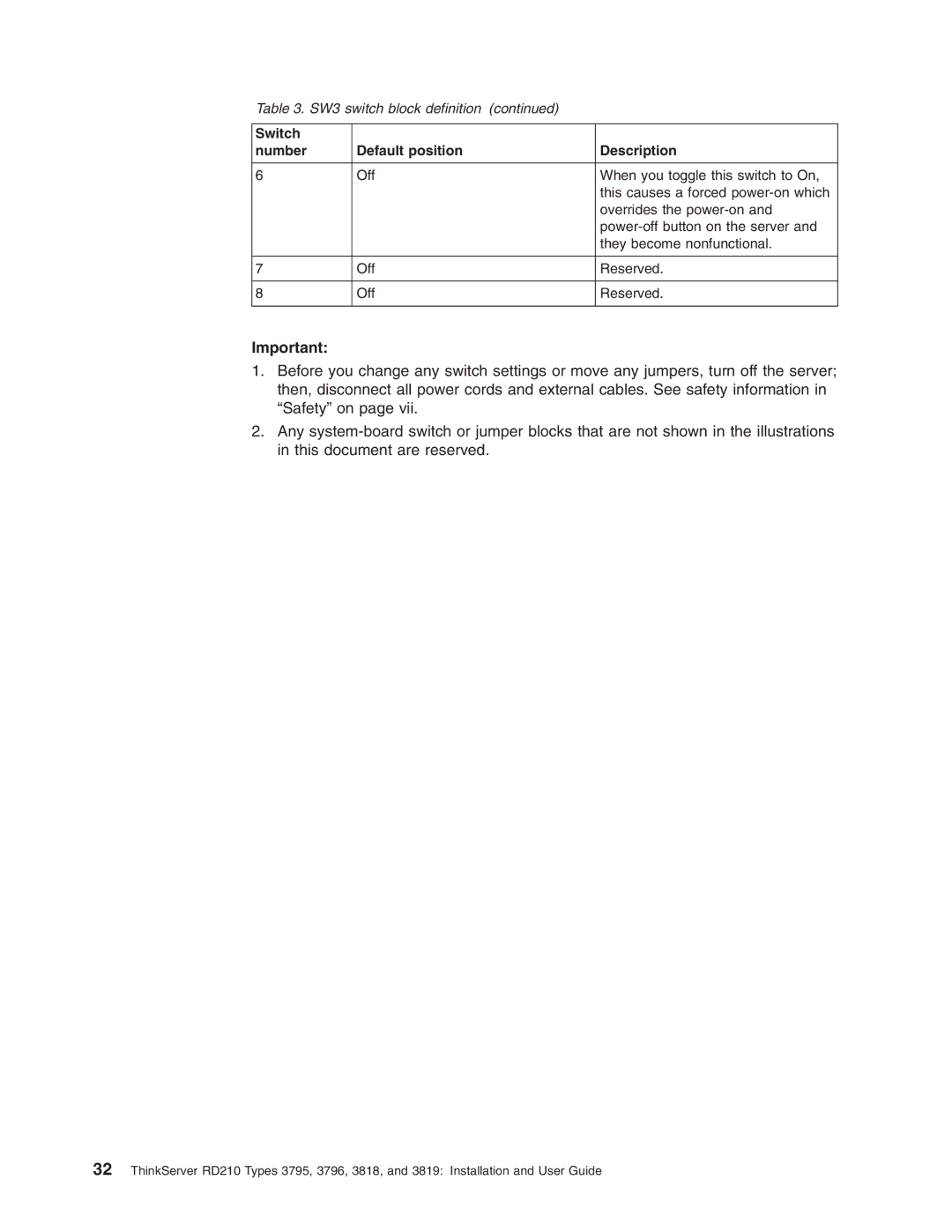 Lenovo RD210 manual Switch Number Default position Description 