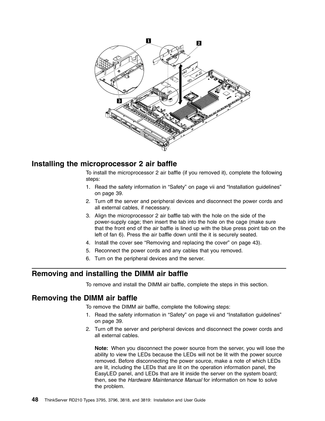 Lenovo RD210 manual Installing the microprocessor 2 air baffle, Removing and installing the Dimm air baffle 