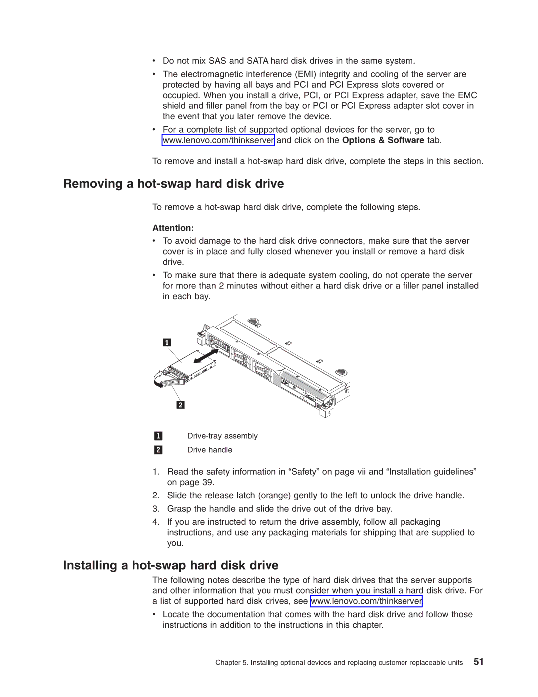 Lenovo RD210 manual Removing a hot-swap hard disk drive, Installing a hot-swap hard disk drive 