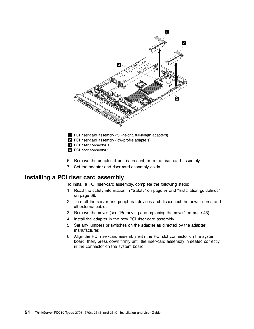 Lenovo RD210 manual Installing a PCI riser card assembly 