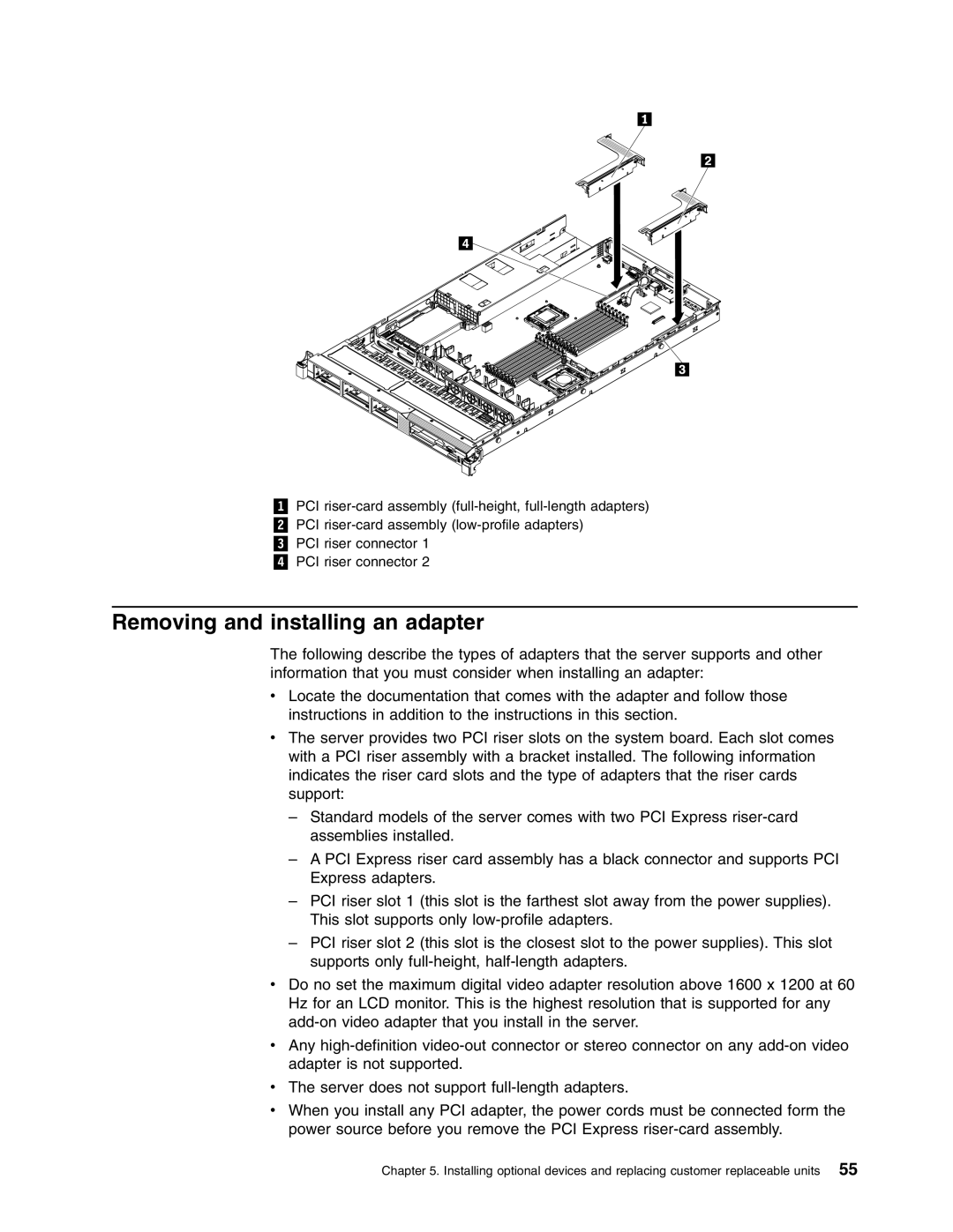 Lenovo RD210 manual Removing and installing an adapter 