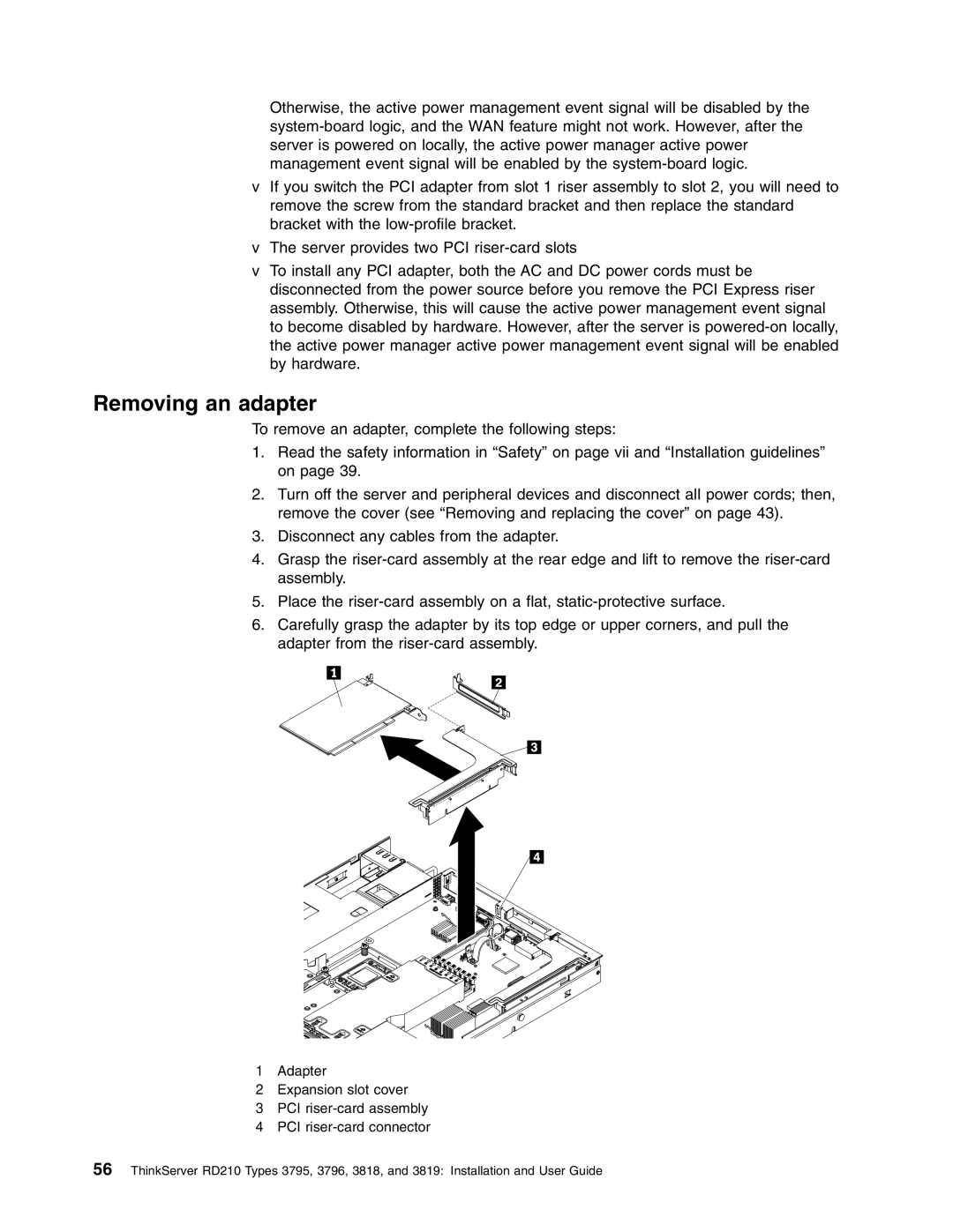 Lenovo RD210 manual Removing an adapter, 1 Adapter 