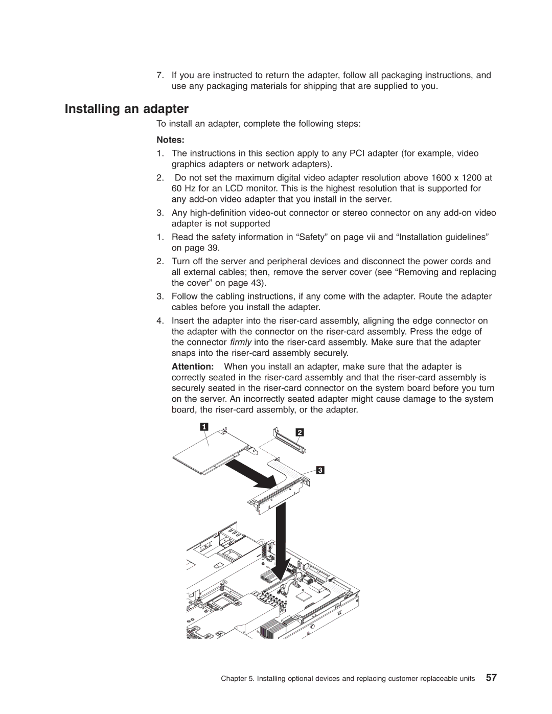 Lenovo RD210 manual Installing an adapter 