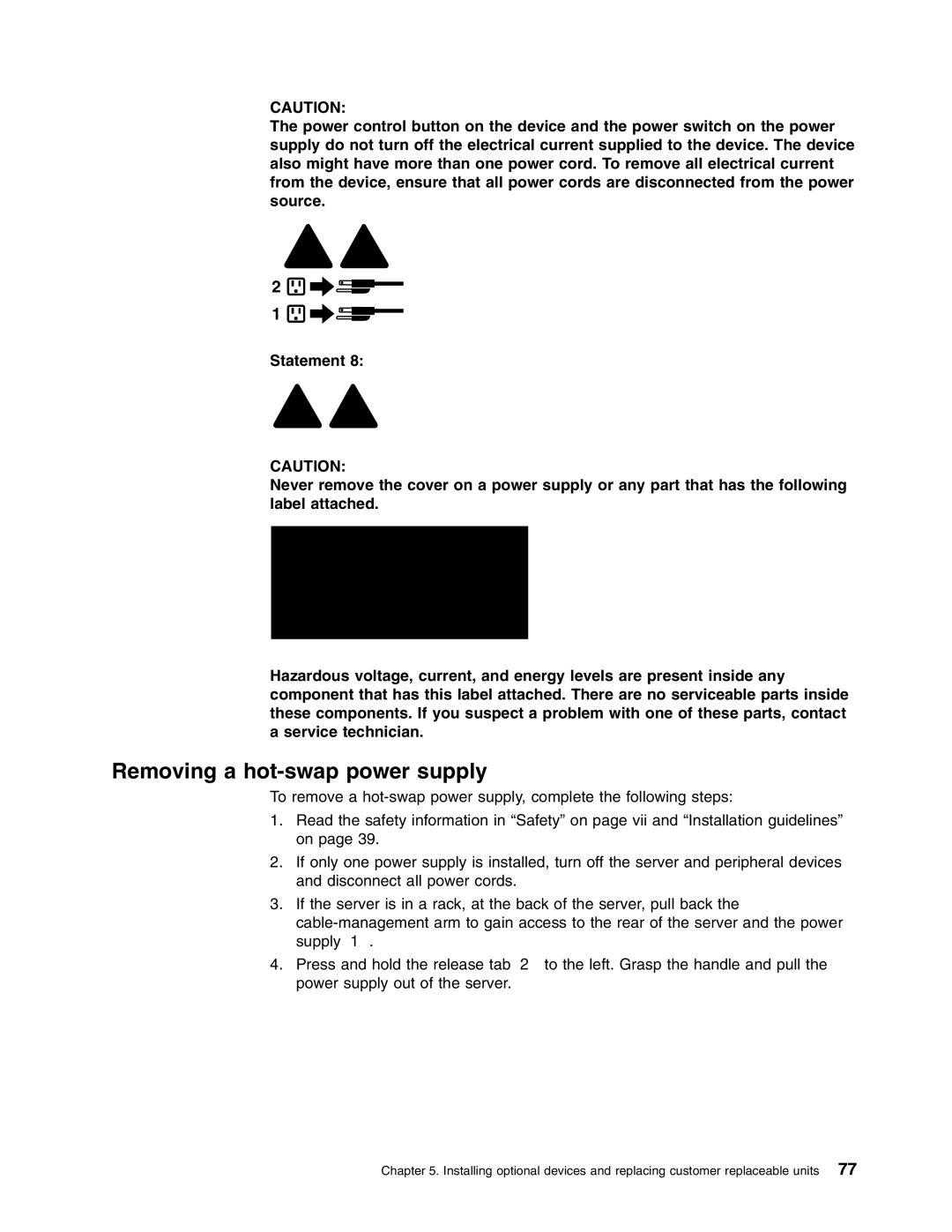 Lenovo RD210 manual Removing a hot-swap power supply 