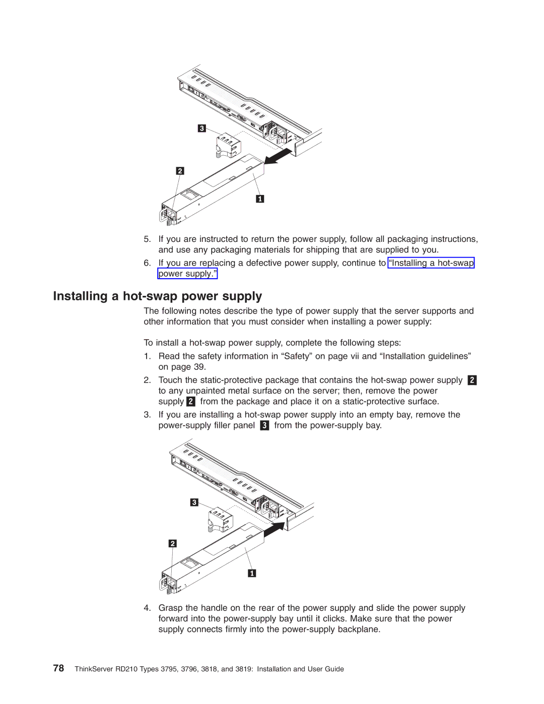 Lenovo RD210 manual Installing a hot-swap power supply 