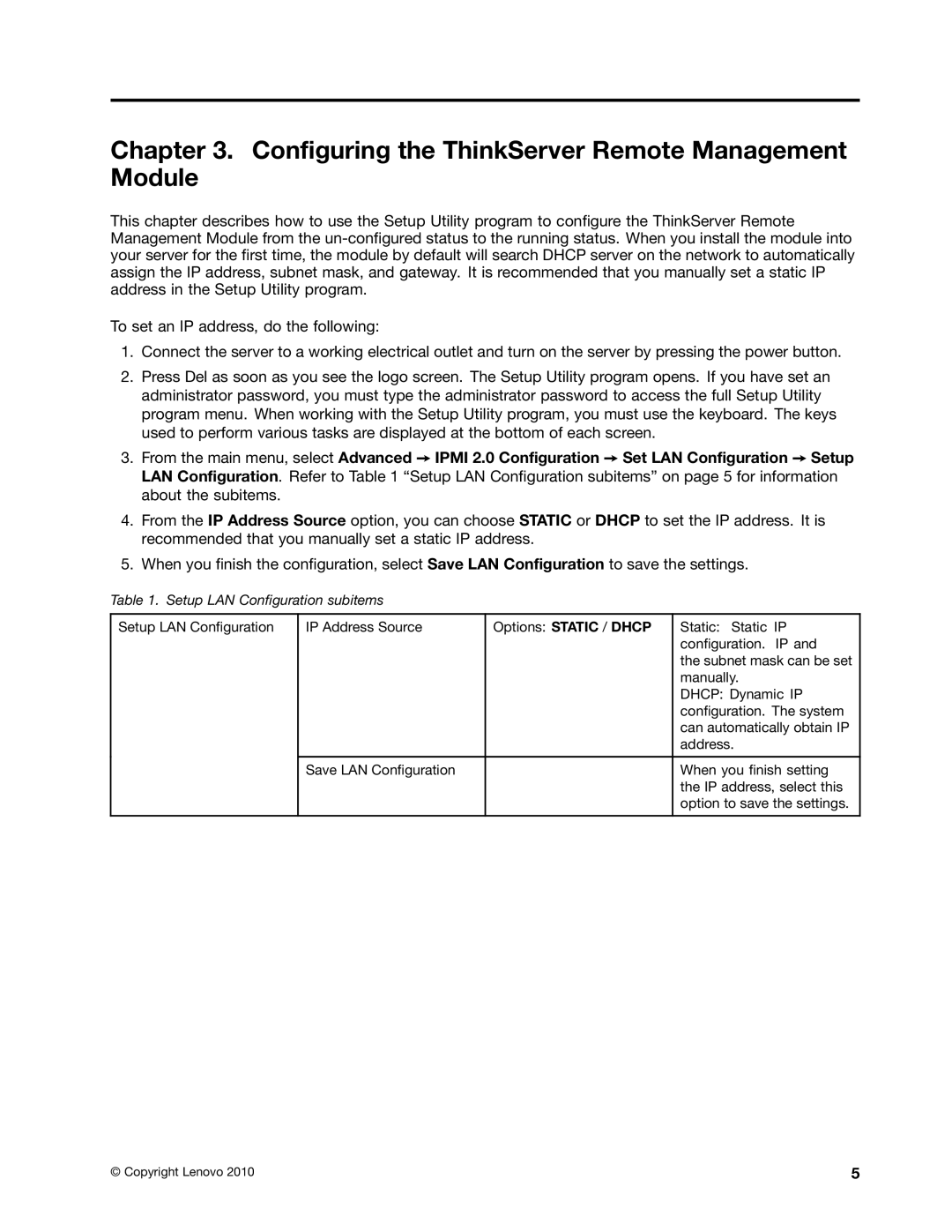 Lenovo RD240, RD230 manual Configuring the ThinkServer Remote Management Module, Setup LAN Configuration subitems 