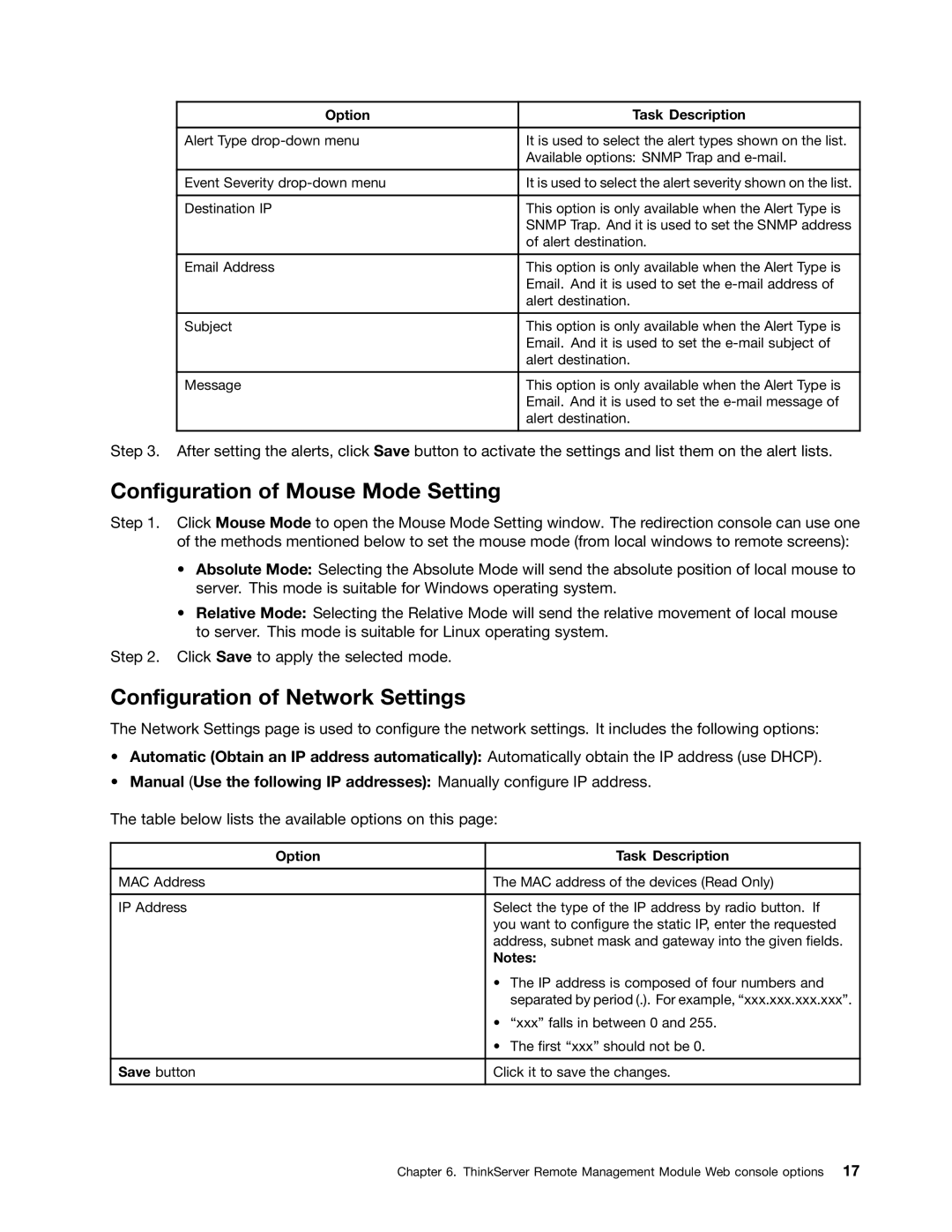 Lenovo RD240, RD230 manual Configuration of Mouse Mode Setting, Configuration of Network Settings 