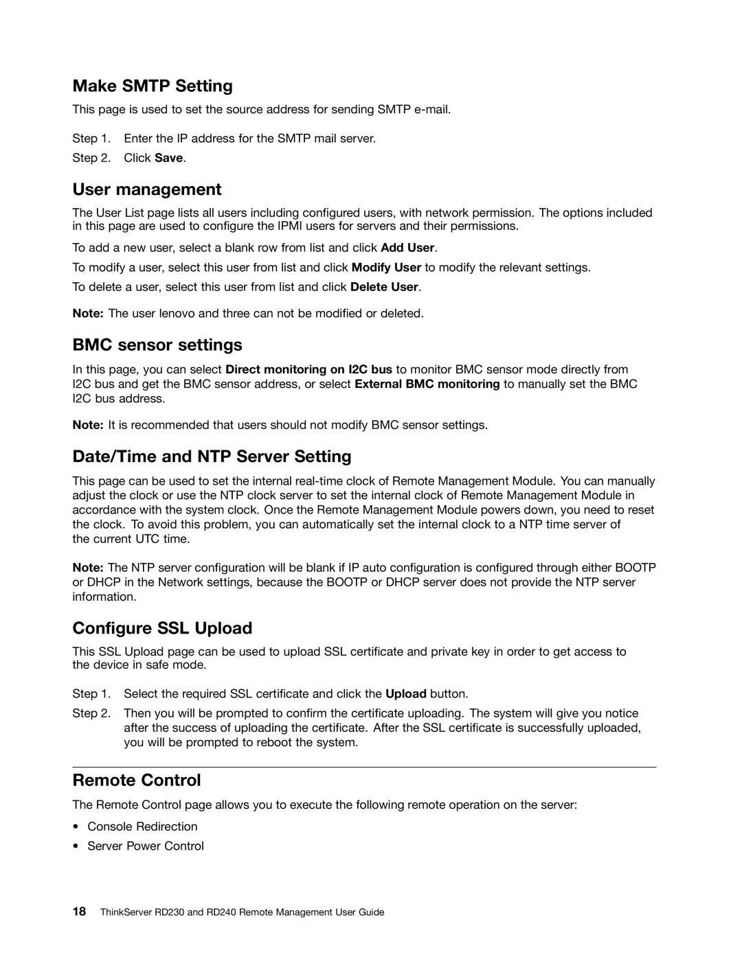 Lenovo RD230 Make Smtp Setting, User management, BMC sensor settings, Date/Time and NTP Server Setting, Remote Control 