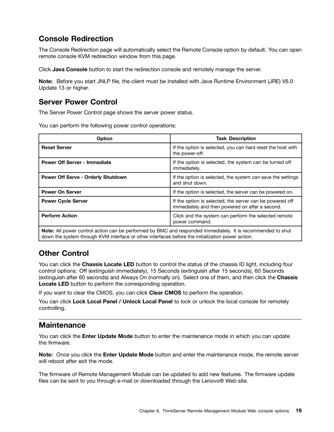 Lenovo RD240, RD230 manual Console Redirection, Server Power Control, Other Control, Maintenance 