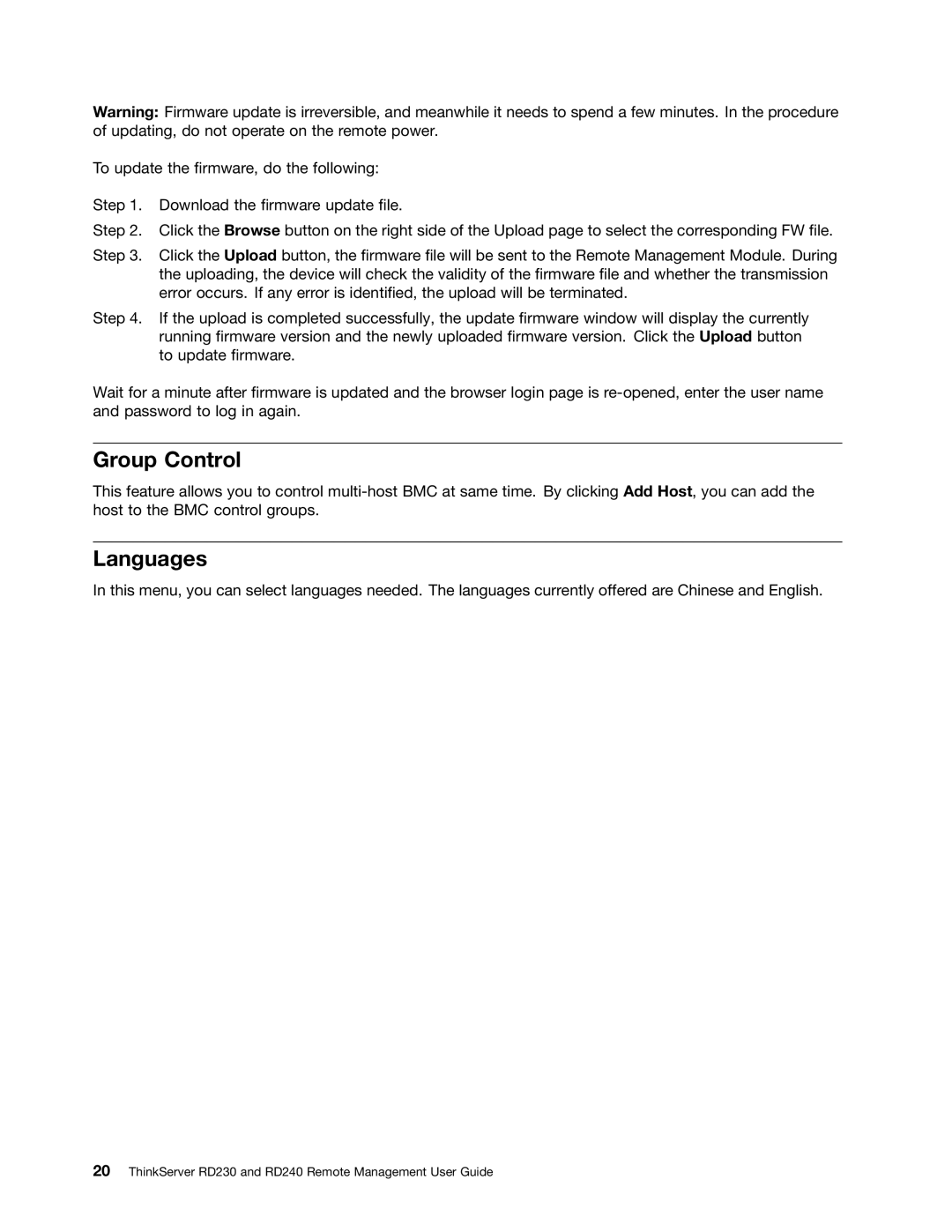 Lenovo RD230, RD240 manual Group Control, Languages 