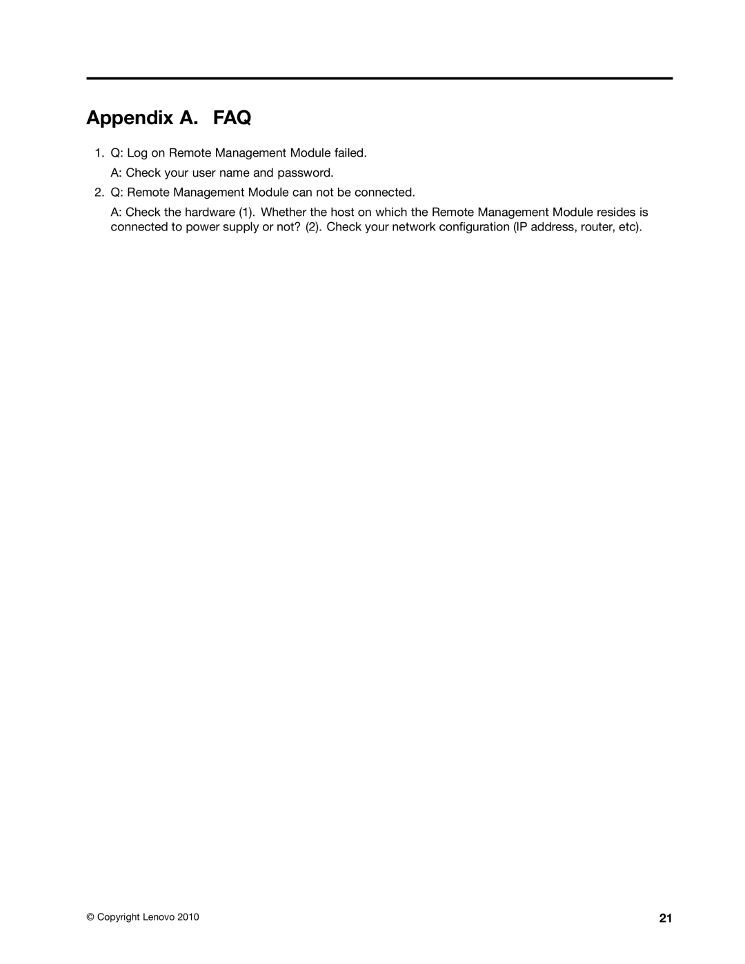 Lenovo RD240, RD230 manual Appendix A. FAQ 