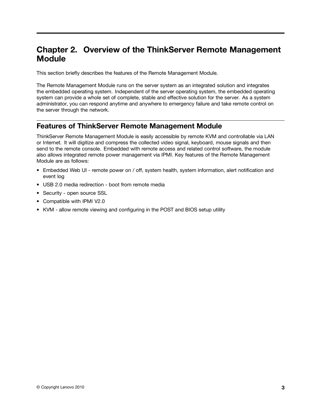 Lenovo RD240, RD230 Overview of the ThinkServer Remote Management Module, Features of ThinkServer Remote Management Module 