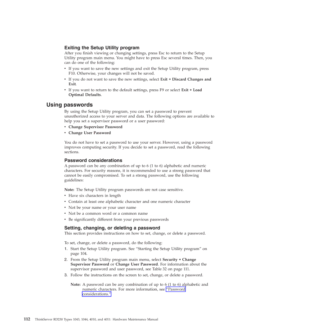 Lenovo RD230 manual Using passwords, Exiting the Setup Utility program, Password considerations 