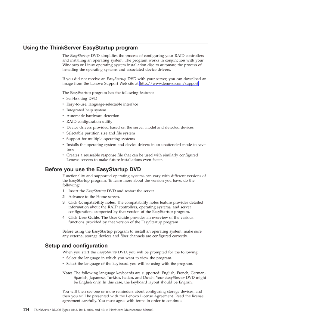 Lenovo RD230 manual Using the ThinkServer EasyStartup program, Before you use the EasyStartup DVD, Setup and configuration 