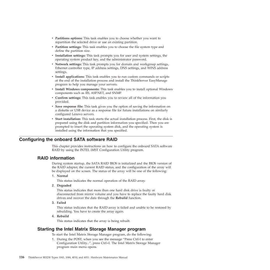 Lenovo RD230 manual Configuring the onboard Sata software RAID, RAID information 
