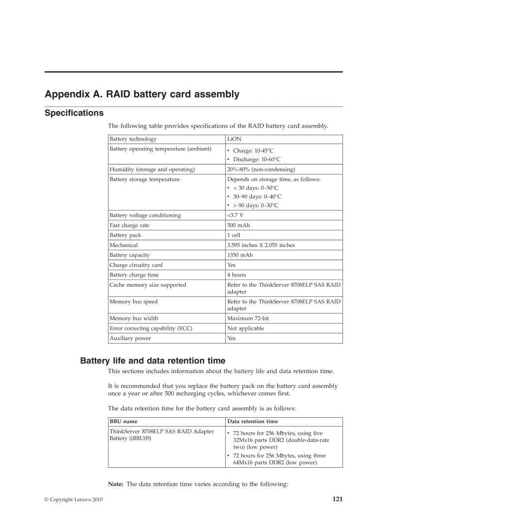 Lenovo RD230 Appendix A. RAID battery card assembly, Battery life and data retention time, BBU name Data retention time 