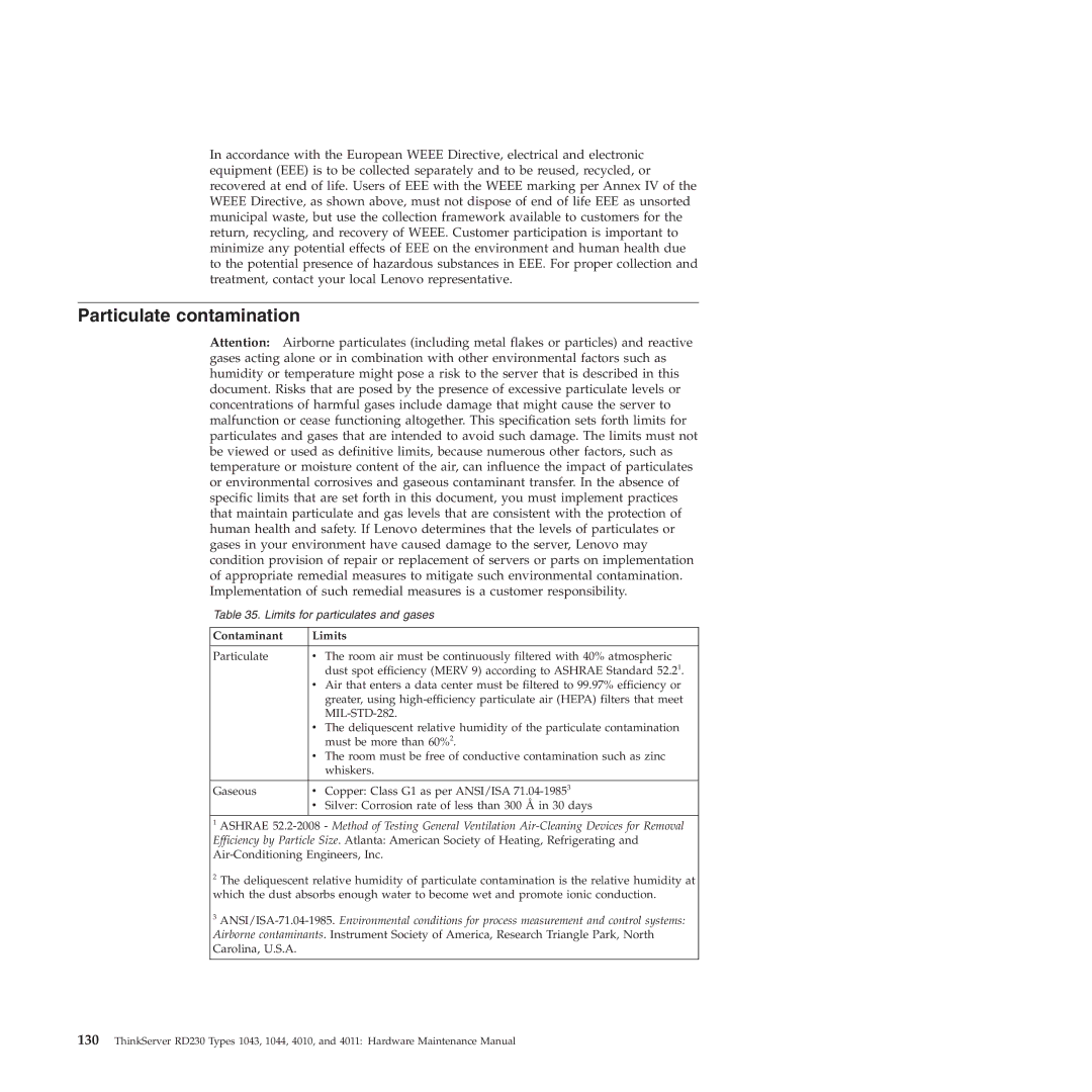 Lenovo RD230 manual Particulate contamination, Contaminant Limits 