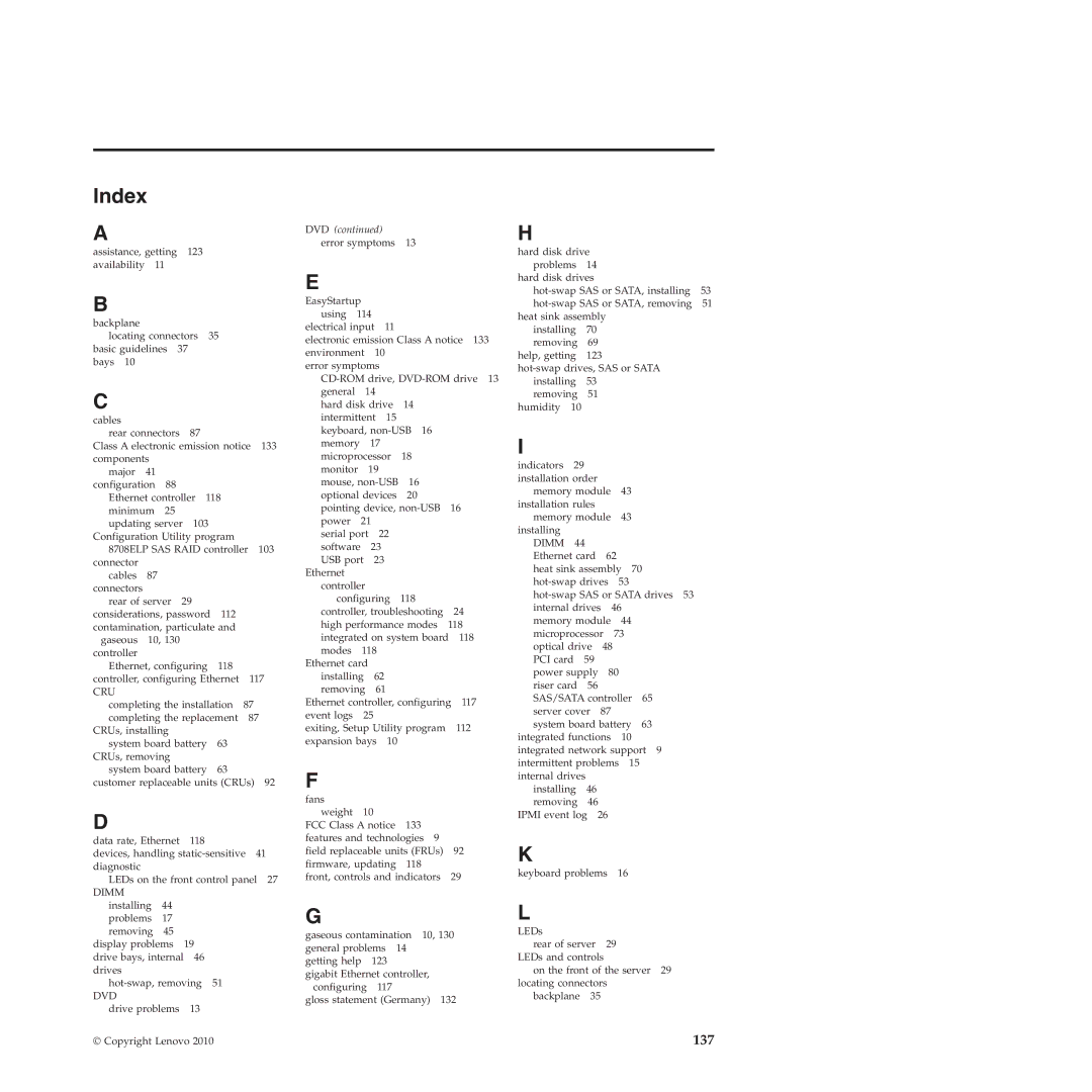 Lenovo RD230 manual Index, Cru 