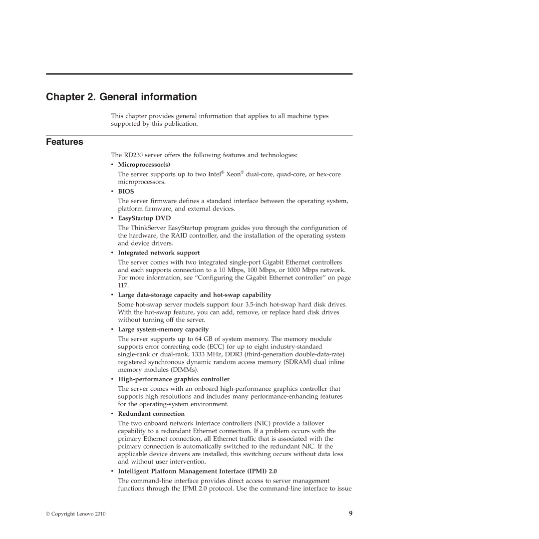 Lenovo RD230 manual General information, Features 