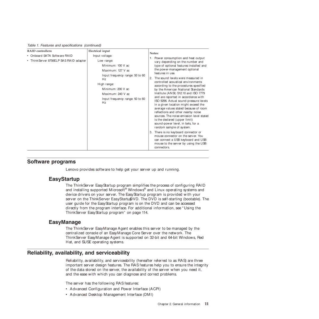 Lenovo RD230 manual Software programs, EasyStartup, EasyManage, Reliability, availability, and serviceability 