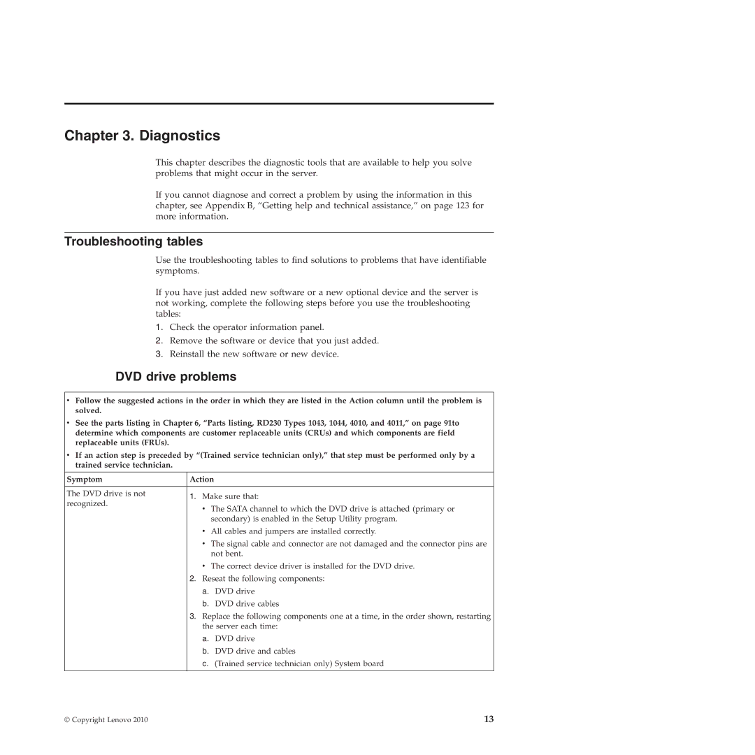 Lenovo RD230 manual Diagnostics, Troubleshooting tables, DVD drive problems 