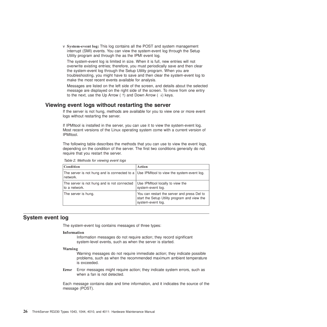 Lenovo RD230 manual Viewing event logs without restarting the server, System event log, Condition Action 